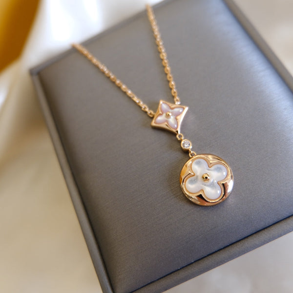 <ORIELL>STAR AND SUN WHITE MOP 2 MOTIF PINK GOLD NECKLACE