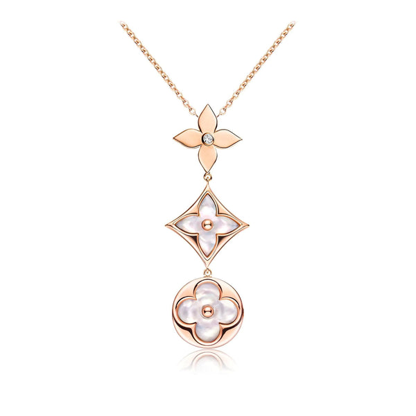<ORIELL>COLOR BLOSSOM LARIAT NECKLACE PINK GOLD WHITE MOTHER PEARL AND DIAMOND